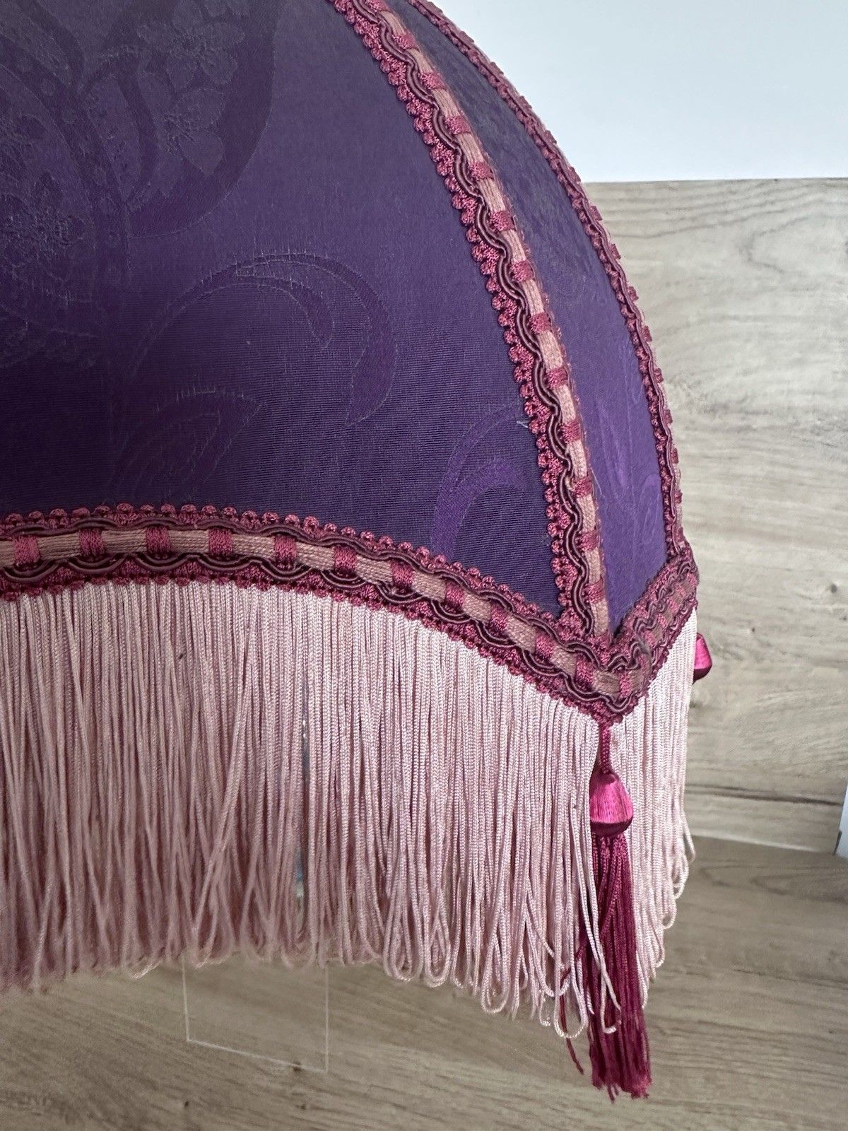 photo furniture Downton Style Vtg Empire Tassel Lampshade Purple Damask Fringe Boudoir 35cm