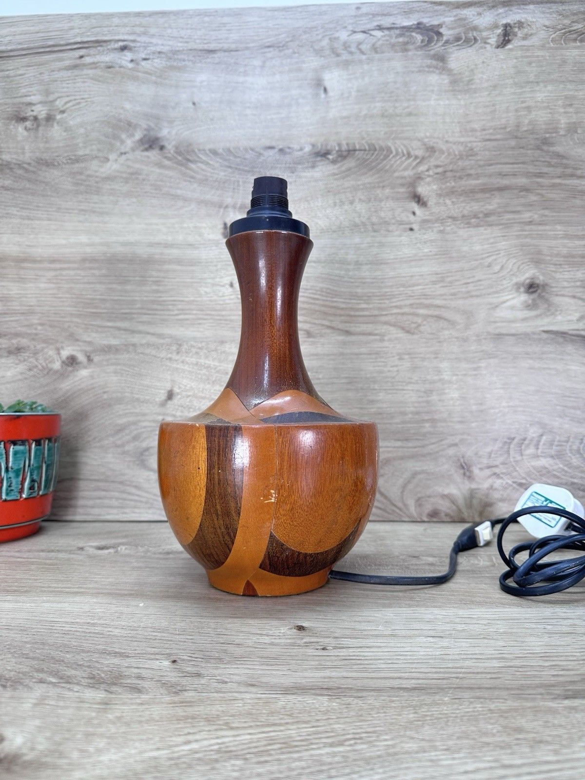 Vintage Mid Century Wooden Table Lamp Segmented Wood Inlaid Style Danish Retro photo furniture