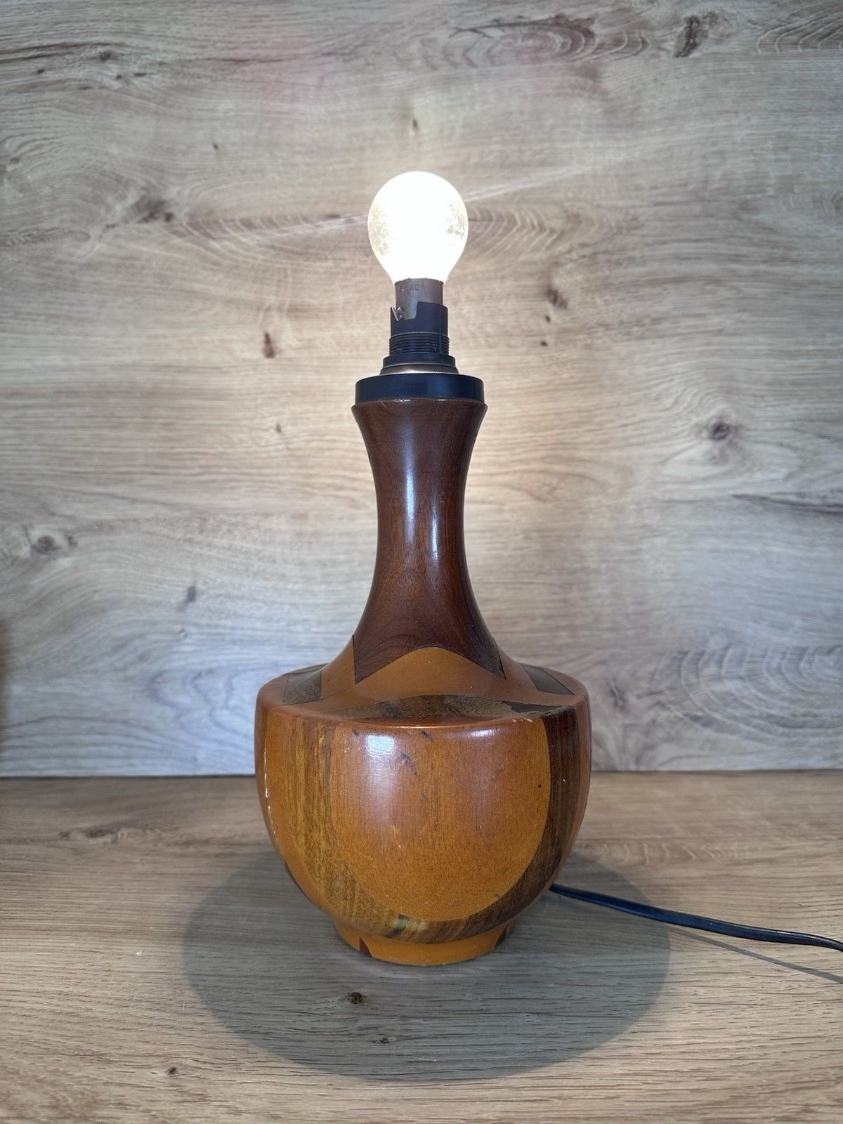Vintage Mid Century Wooden Table Lamp Segmented Wood Inlaid Style Danish Retro photo for sale