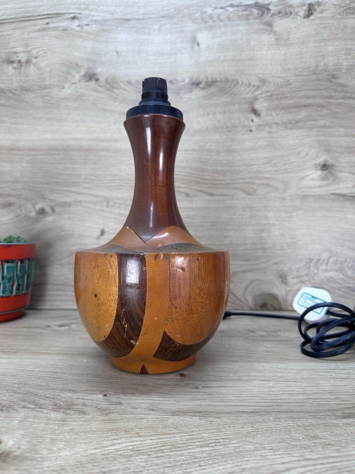 Vintage Mid Century Wooden Table Lamp Segmented Wood Inlaid Style Danish Retro photo vinterior
