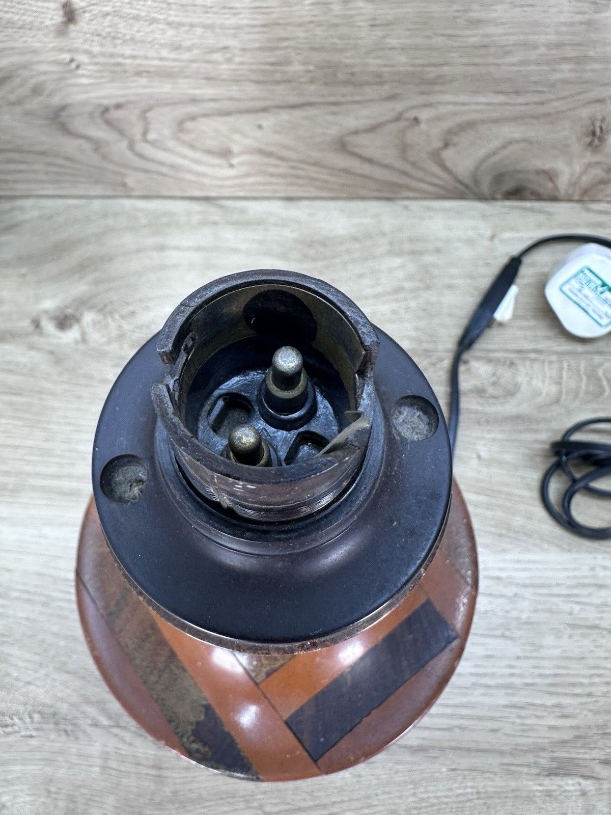 Lighting Vintage Mid Century Wooden Table Lamp Segmented Wood Inlaid Style Danish Retro photo