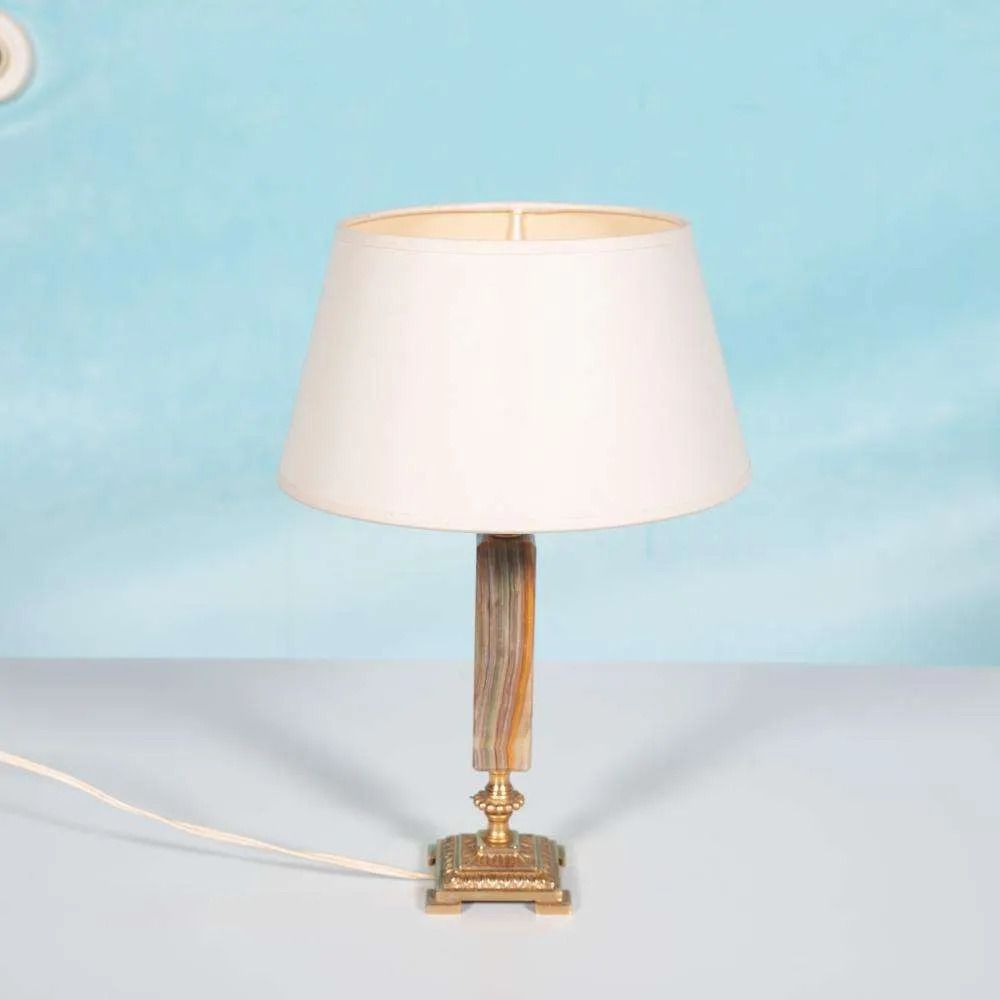 Vintage Jaren Zestig Tafellamp, Messing En Natuursteen, Boho Stijl. photo furniture
