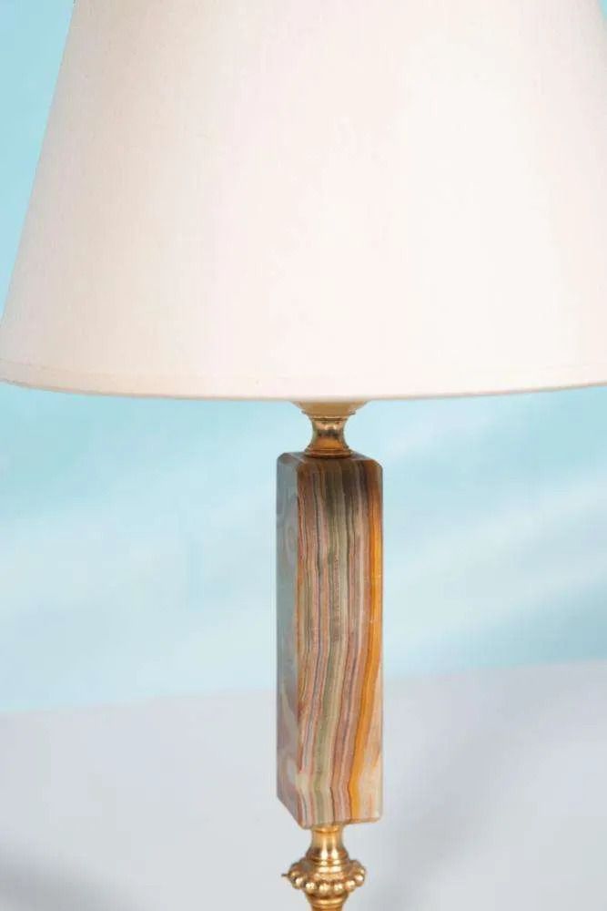 Vintage Jaren Zestig Tafellamp, Messing En Natuursteen, Boho Stijl. photo for sale
