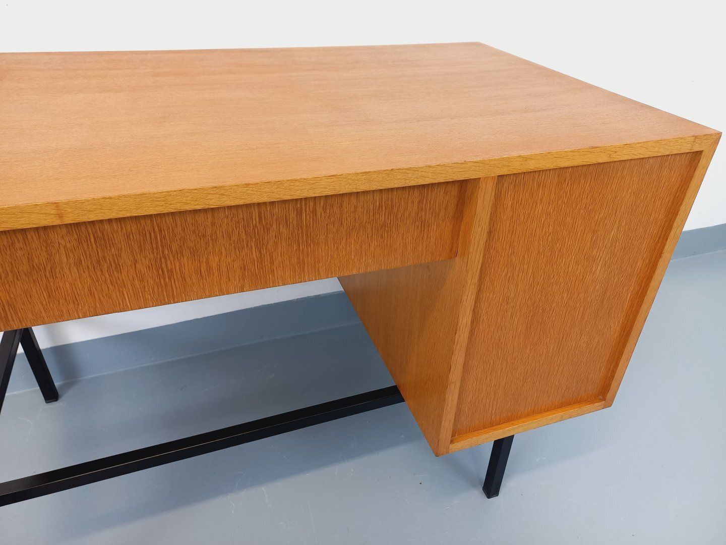 Furniture Jacques Hitier Modernist Desk In Oak And Metal photo