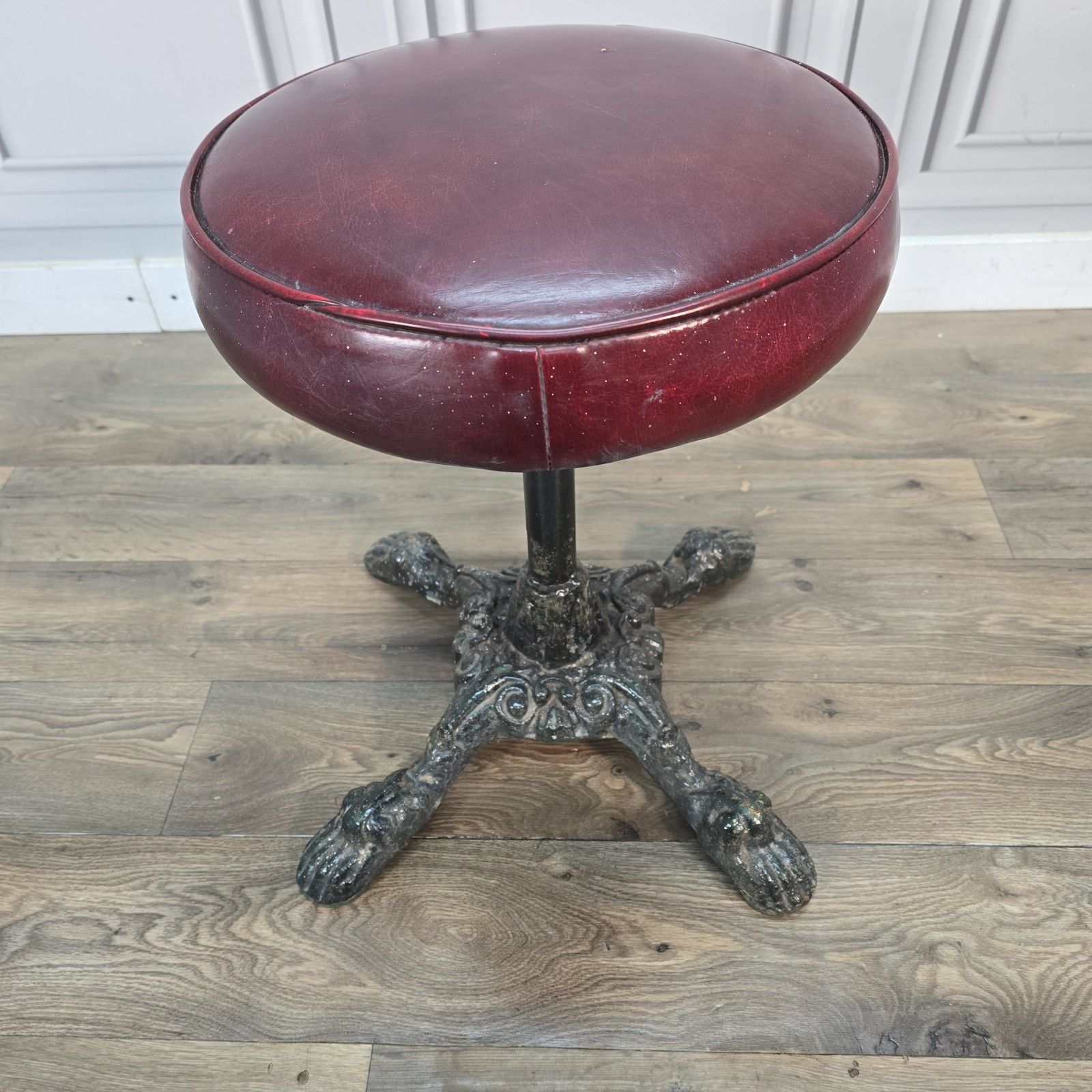 Antique Pub Stool Piano Seat Red Leather Vinyl Cast Iron Base Claw Feet photo for sale