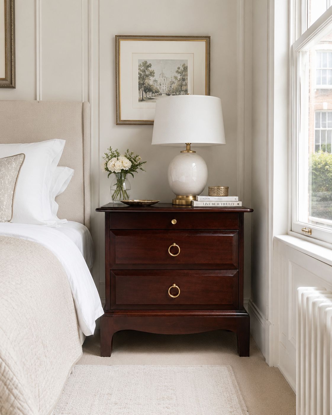 Vintage Mahogany Two Drawer Bedside Cabinet With Pull Out Slide – Brass Ring Handles