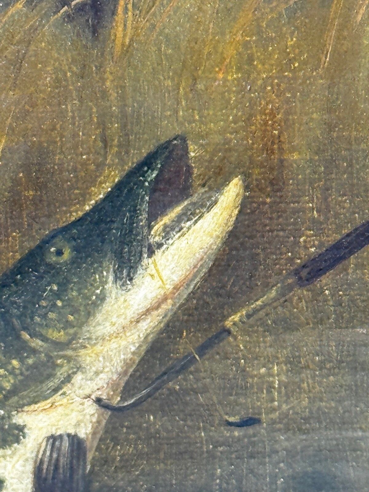 photo vintage Victorian Fishing Angling Oil Painting Northern Pike Surfacing Caught By Arthur Roland Knight