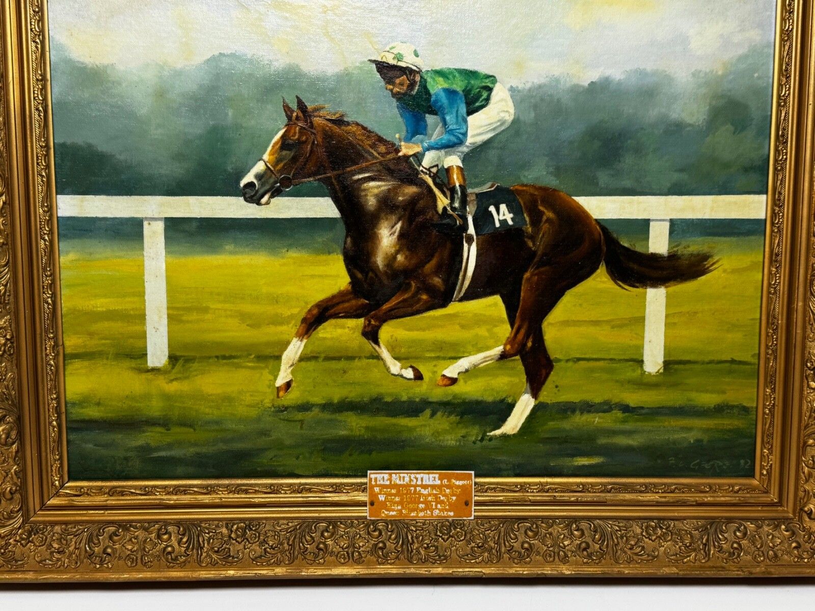 20th Century Equestrian Oil Painting The Minstrel Chestnut Colt Epsom Derby 1977 Jockey Lester Piggott photo vinterior