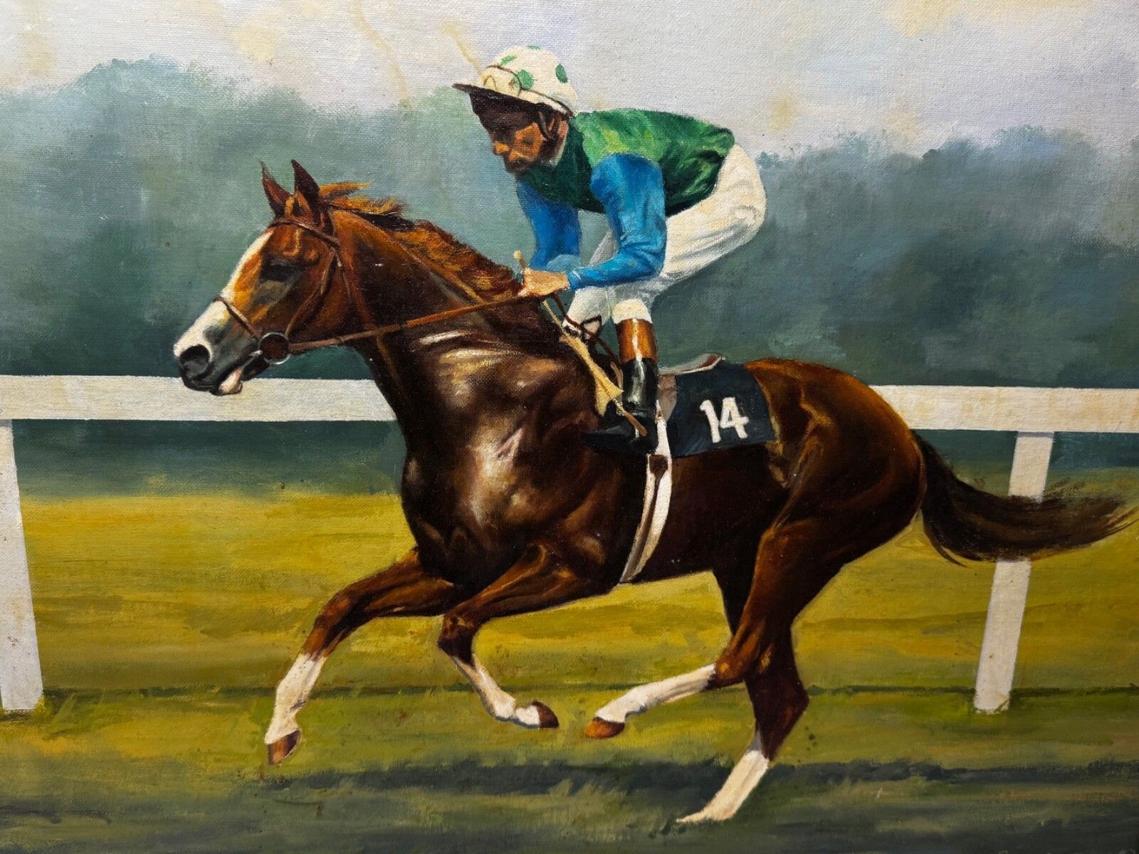 Art 20th Century Equestrian Oil Painting The Minstrel Chestnut Colt Epsom Derby 1977 Jockey Lester Piggott photo