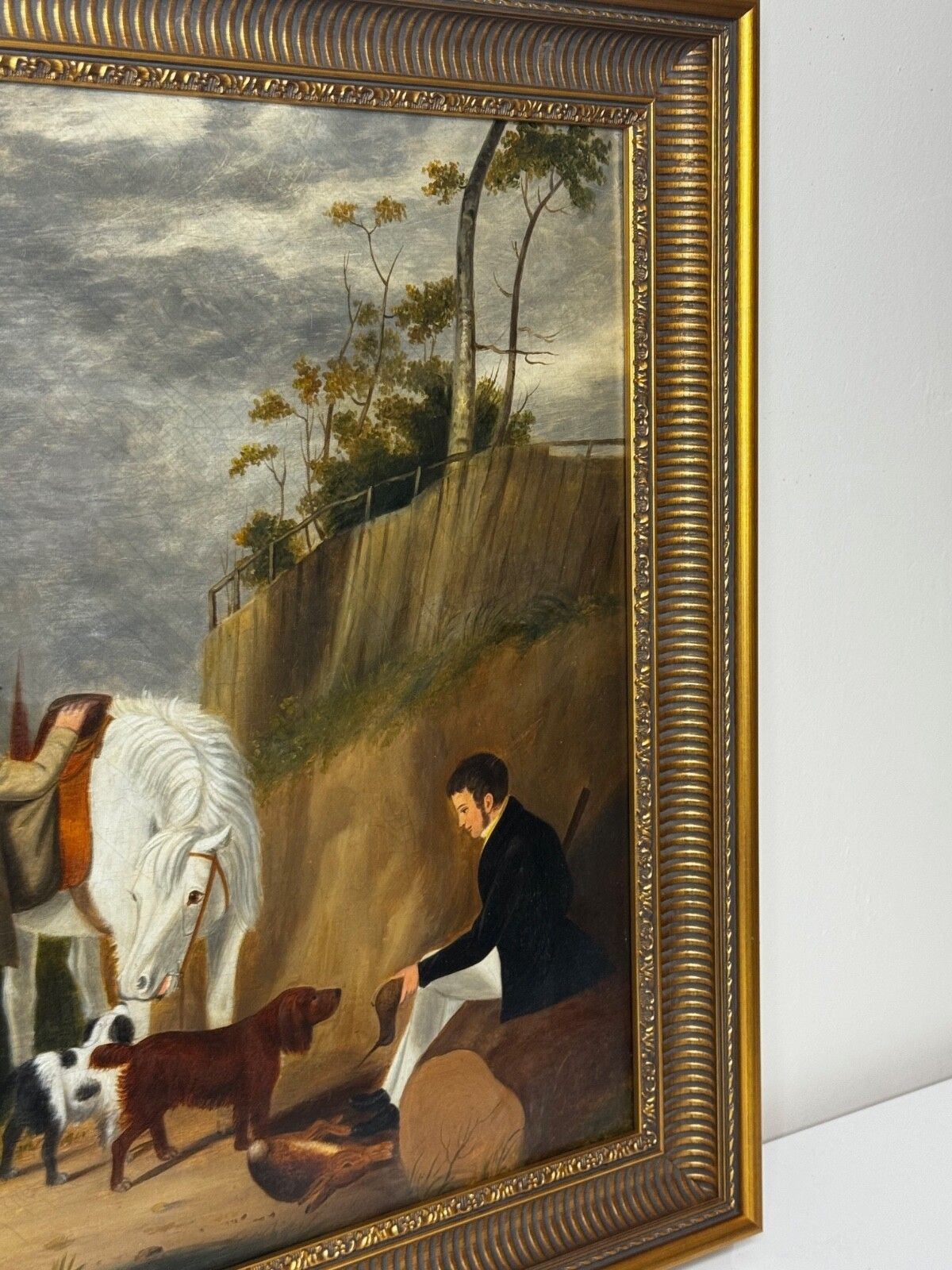 19th Century Hunting Party Oil Painting Spaniel Pointer Dogs Lord With Purdey In Grey Top Hat photo furniture