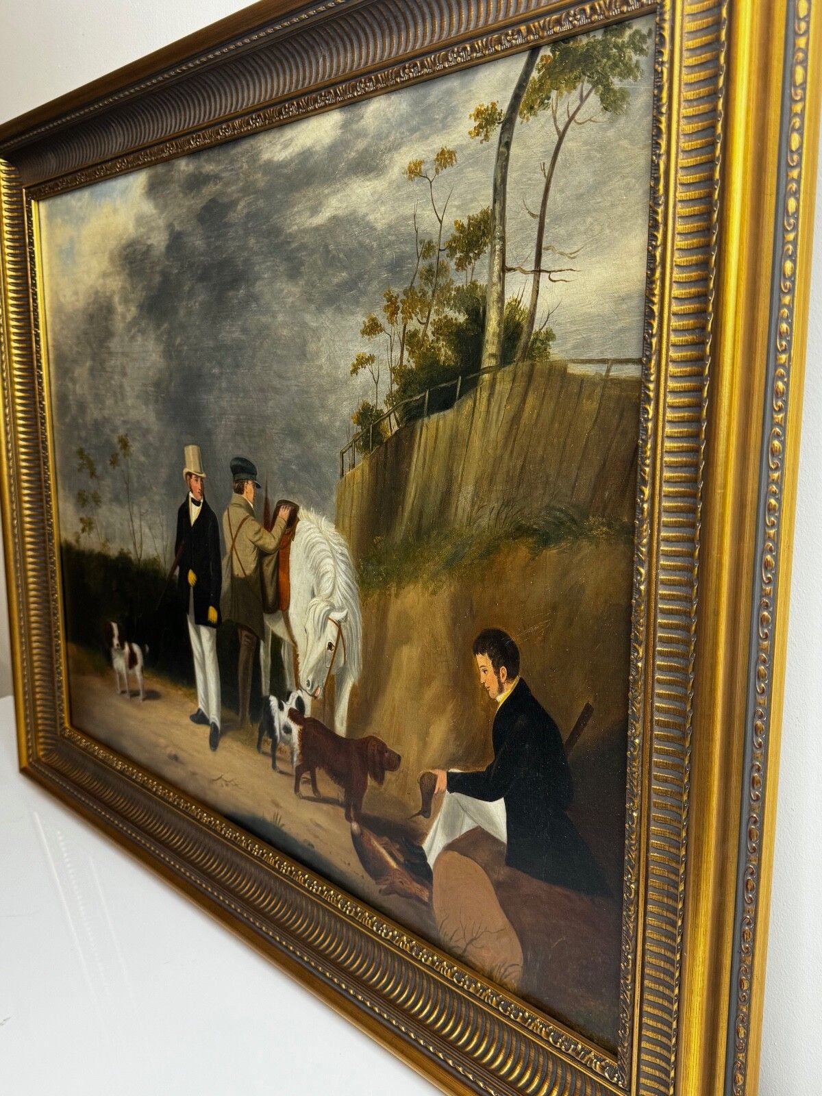 19th Century Hunting Party Oil Painting Spaniel Pointer Dogs Lord With Purdey In Grey Top Hat photo vinterior