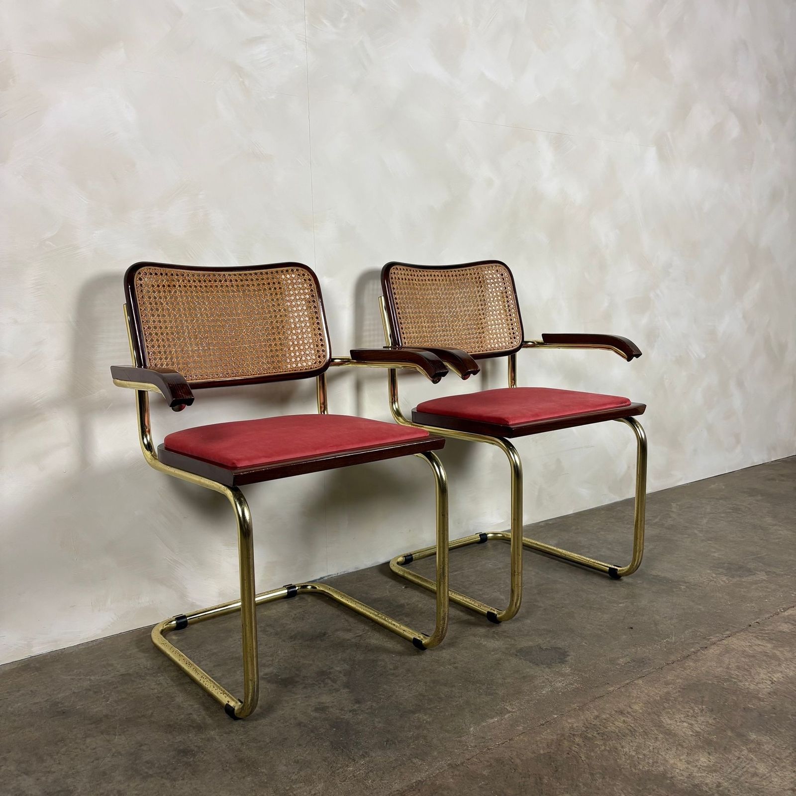 Four Brass Pink Cane Rattan Marcel Breuer Cesca Dining Chairs Mid Century Retro Mcm photo vinterior