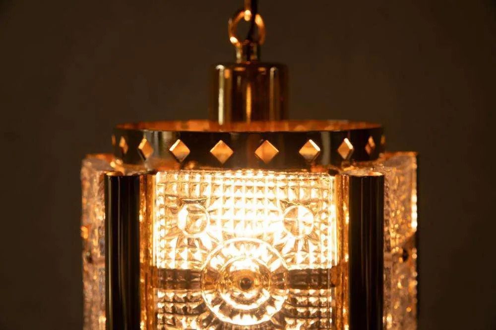 photo vintage Vintage Messing & Ijsglas Hanglamp, Vitrika Glazen Hanglamp
