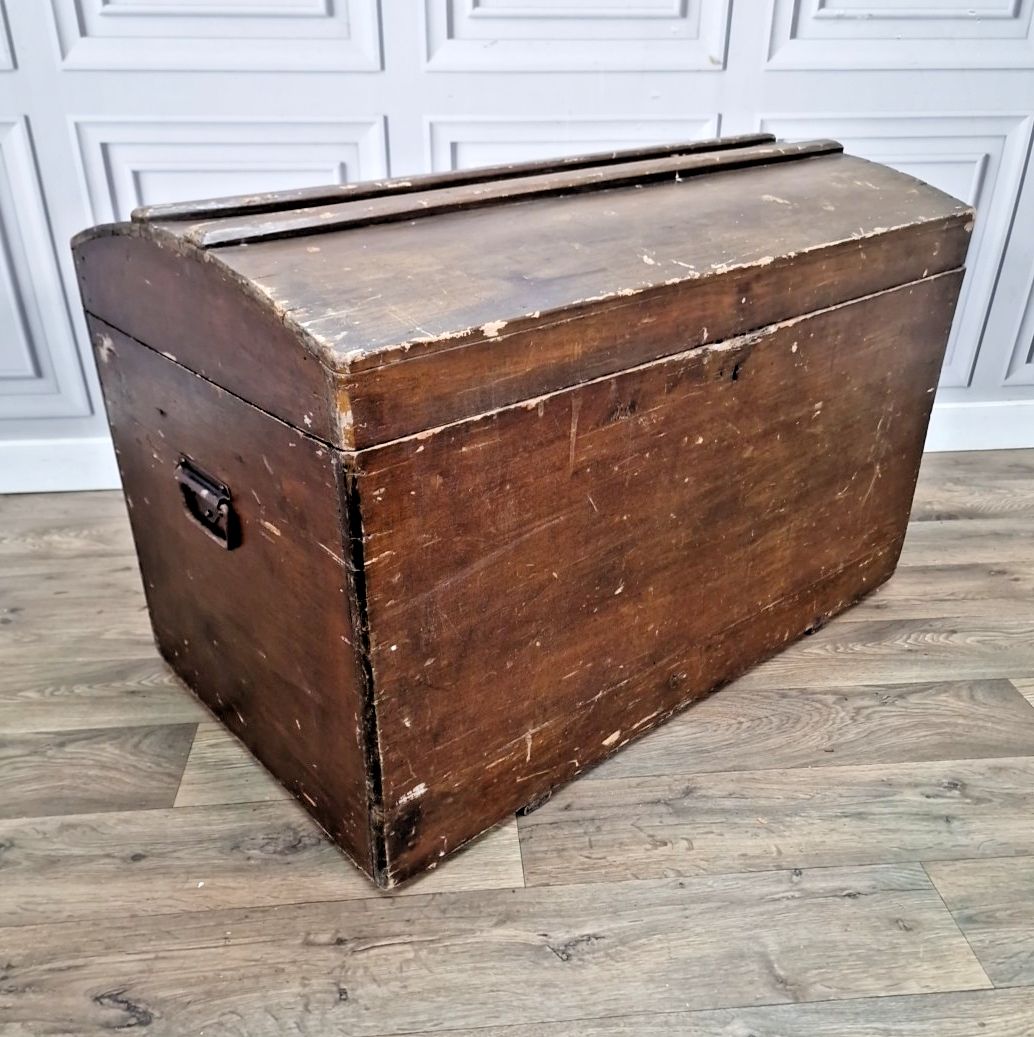 Antique Rustic Wooden Chest – Blanket Box / Trunk Metal Handles Dome Top Storage