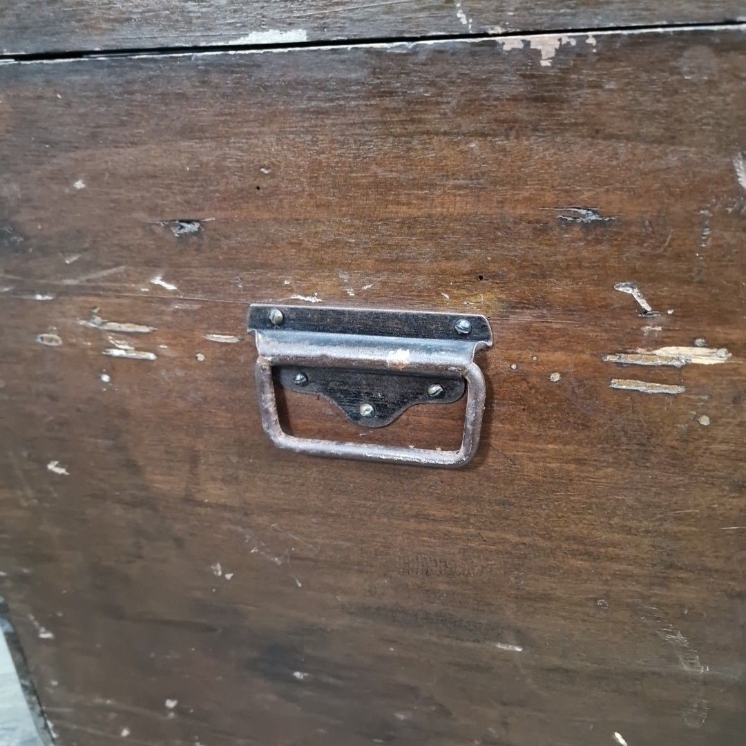 photo for sale Antique Rustic Wooden Chest – Blanket Box / Trunk Metal Handles Dome Top Storage
