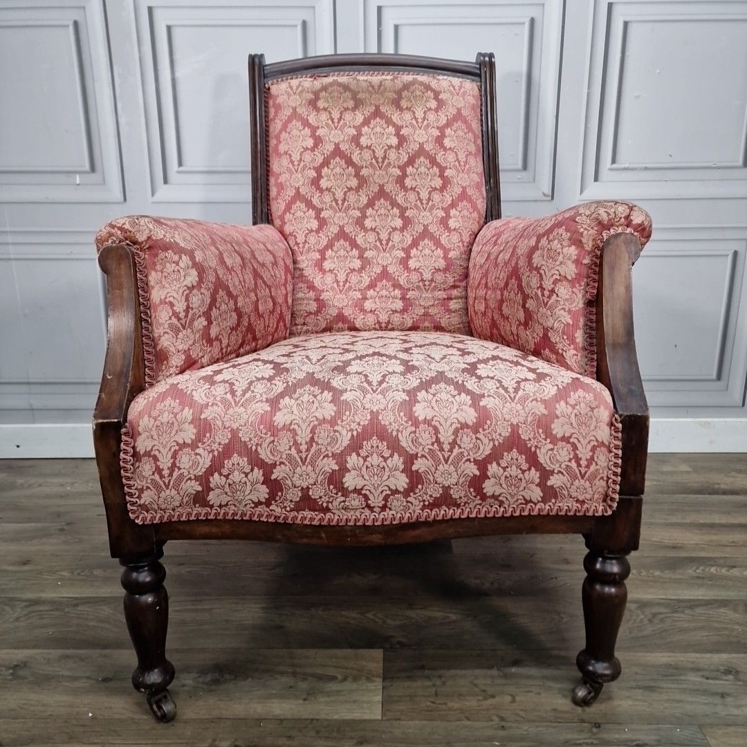photo furniture Antique Victorian Armchair Upholstered Damask Fabric Mahogany Frame Castors