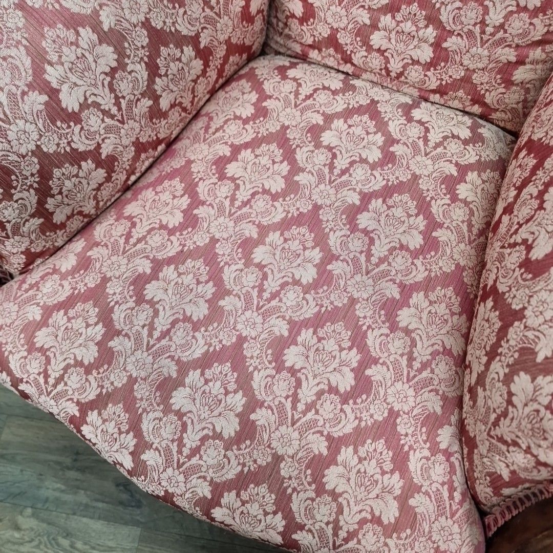 Furniture Antique Victorian Armchair Upholstered Damask Fabric Mahogany Frame Castors photo