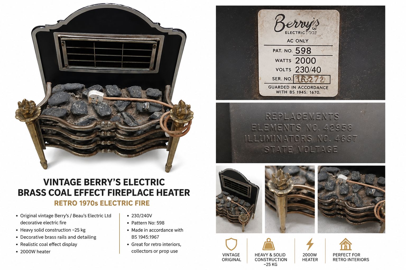 Vintage Berry’s Electric Brass Coal Effect Fireplace Heater photo furniture