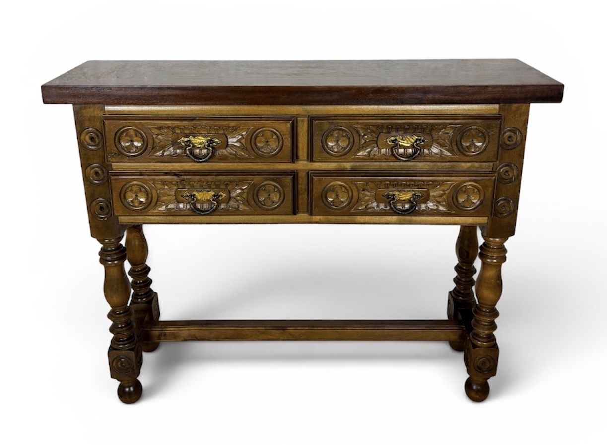 Spanish Renaissance Revival Walnut Console Table With Four Carved Drawers, 1930s