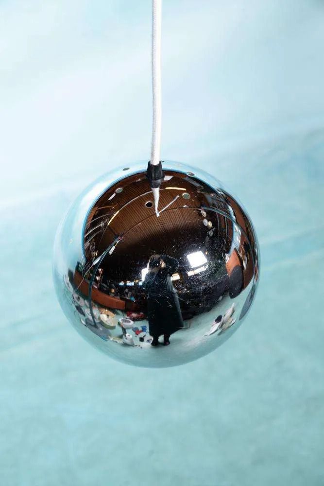 Vintage Chrome Sphere Pendant Lamp, Space Age Eyeball Lamp. photo 127.0