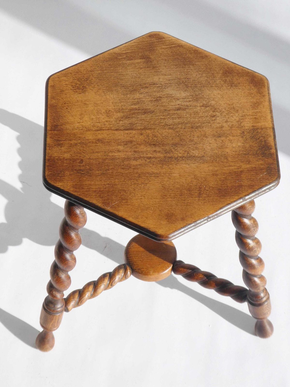 Antique Hexagon Barley Twist Stool, Wooden Small Side Table Twisted Legs, Tripod Stool, Rustic Farmhouse Decor. photo 226.0