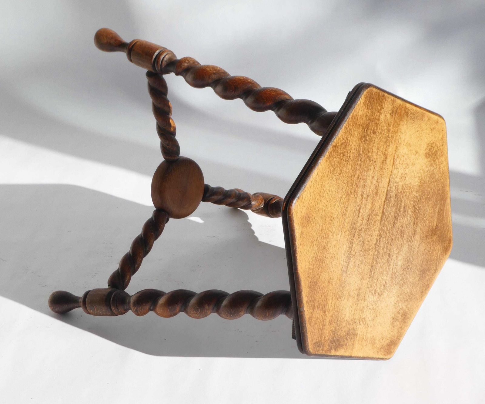 Antique Hexagon Barley Twist Stool, Wooden Small Side Table Twisted Legs, Tripod Stool, Rustic Farmhouse Decor. photo buy