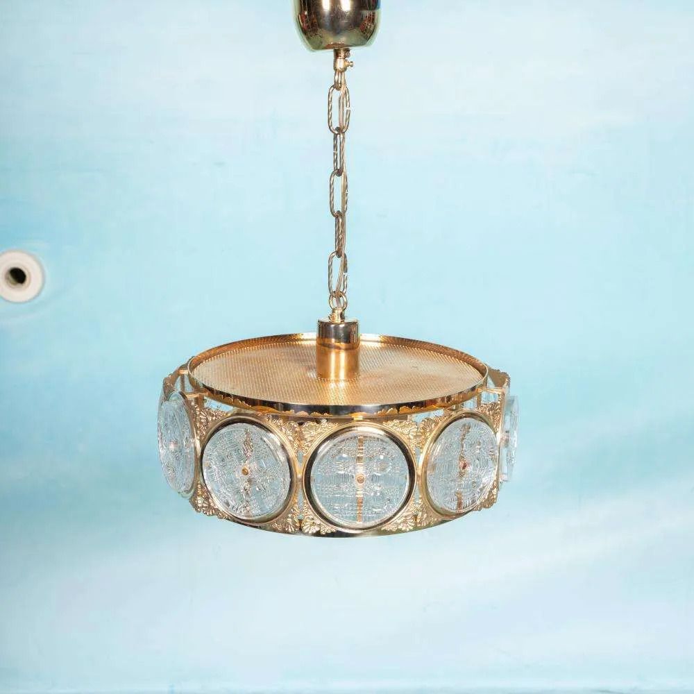 Vintage Glass Pendant Lamp Sweden 60s, Brass & Glass Pendant. photo furniture