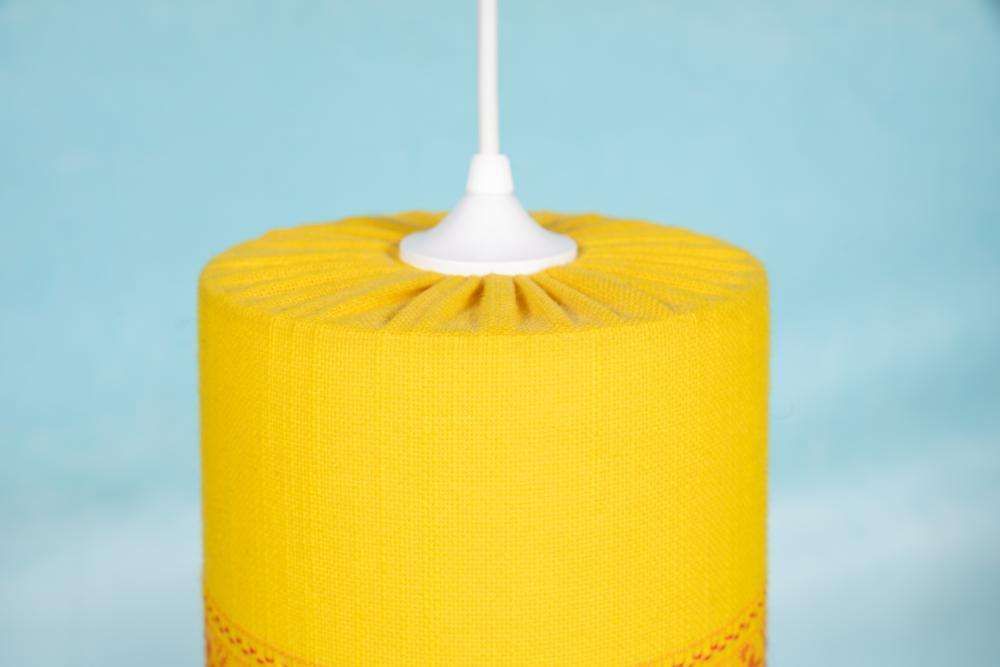 Space Age Pendant Lamp Ochre Yellow, Sixties Swedish Yellow Pendant. photo vinterior