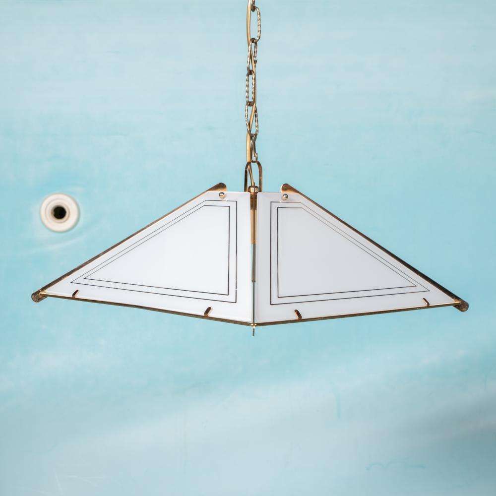 Vintage Glass Hanging Lamp Chic, Brass & Glass Regency Pendant photo for sale