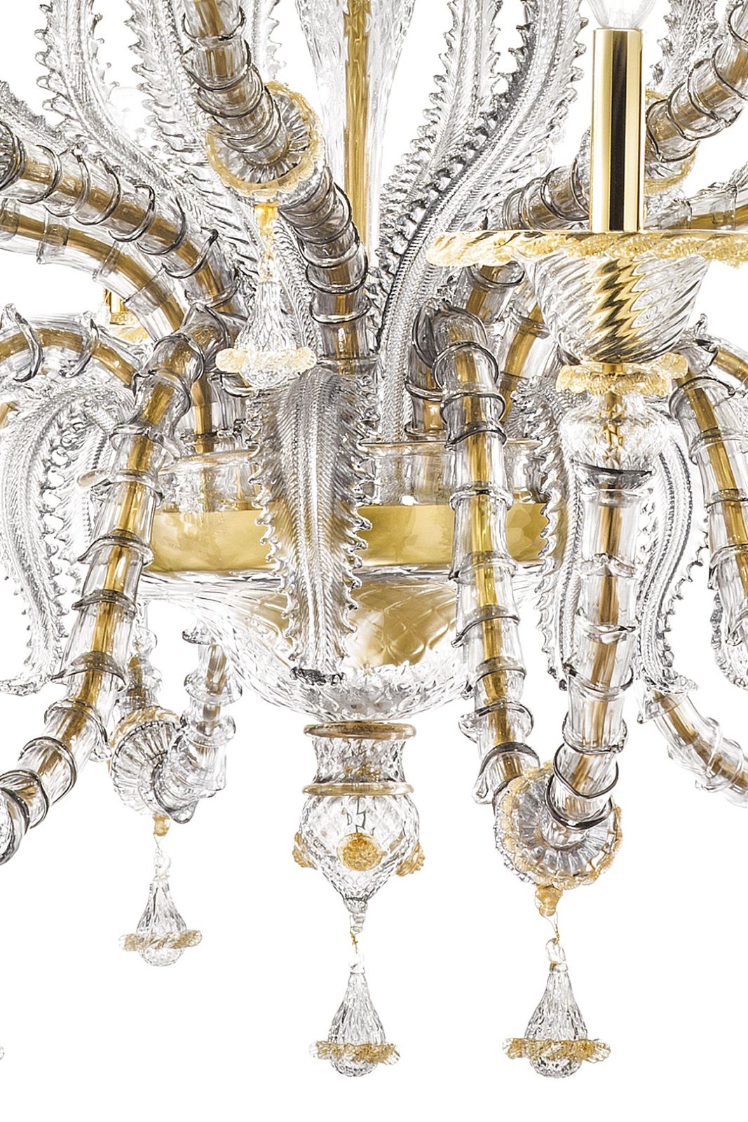 Huge Transparent And Gold Ca’ Rezzonico With Leaves Murano Glass Chandelier photo 44425.0