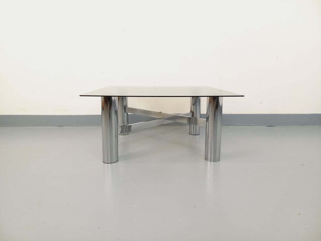 Vintage Space Age Square Coffee Table In Smoked Glass And Chromed Metal photo 823.0