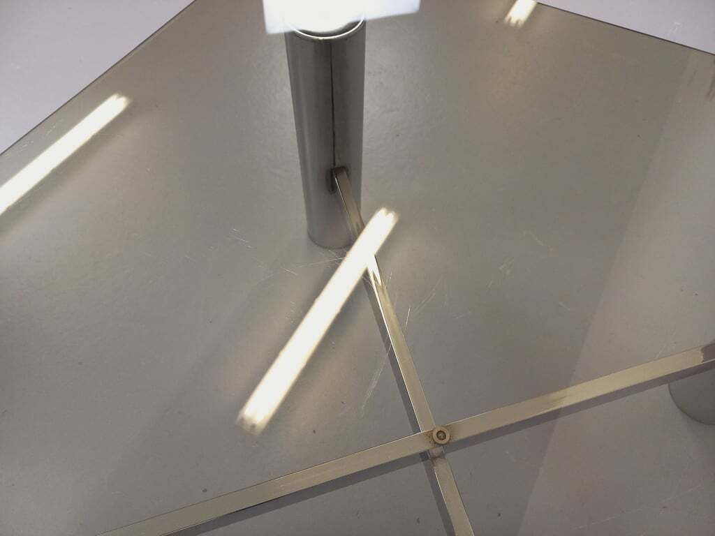 photo buy Vintage Space Age Square Coffee Table In Smoked Glass And Chromed Metal