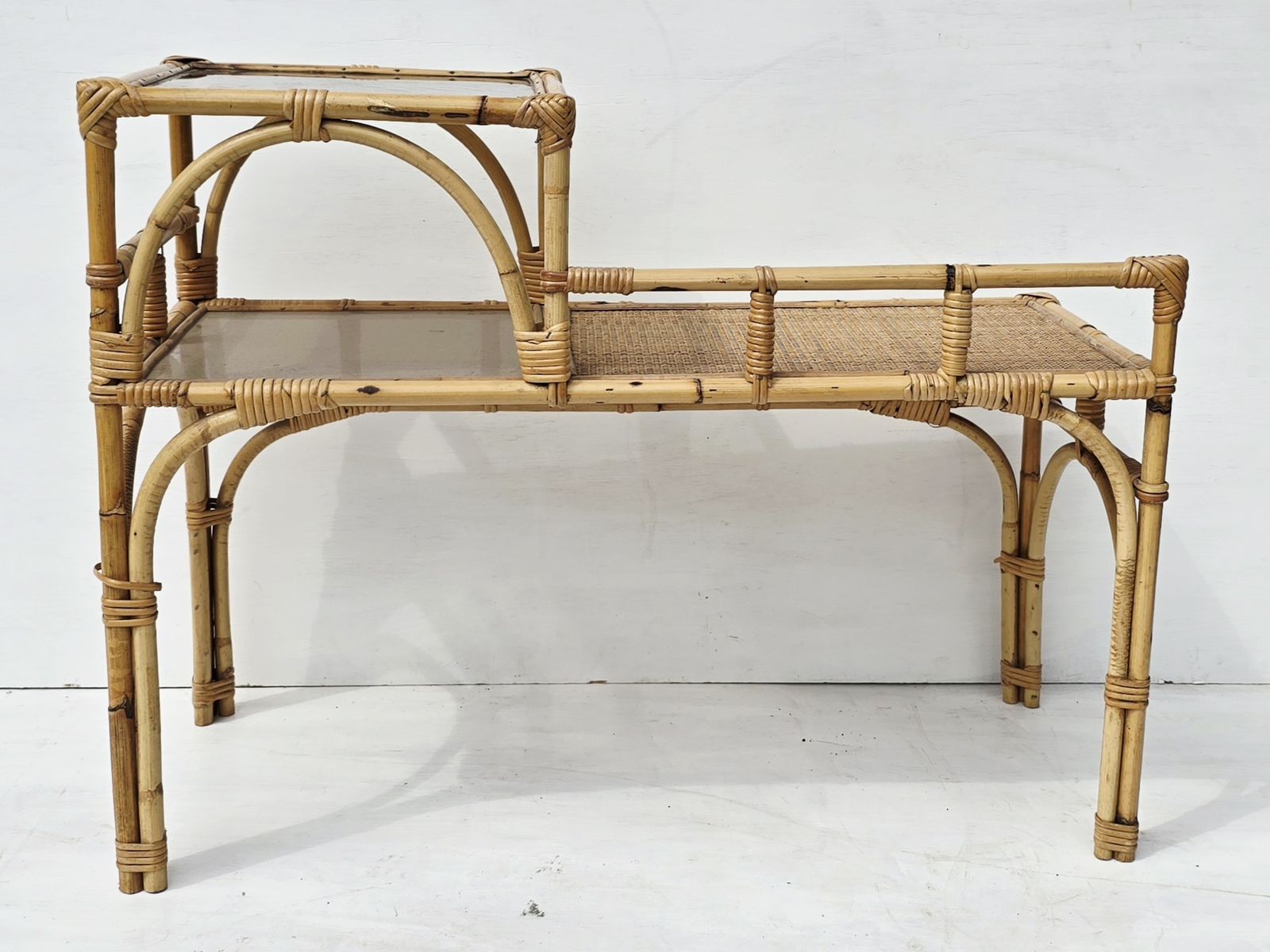 Mid Century French Bamboo & Smoked Glass Telephone Seat, Tiered Rattan Bench. photo for sale