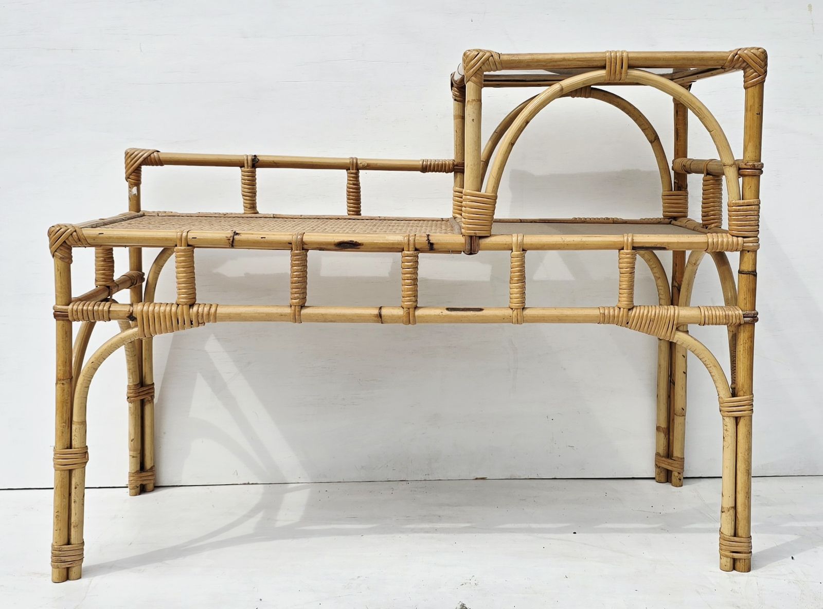 Mid Century French Bamboo & Smoked Glass Telephone Seat, Tiered Rattan Bench. photo vinterior