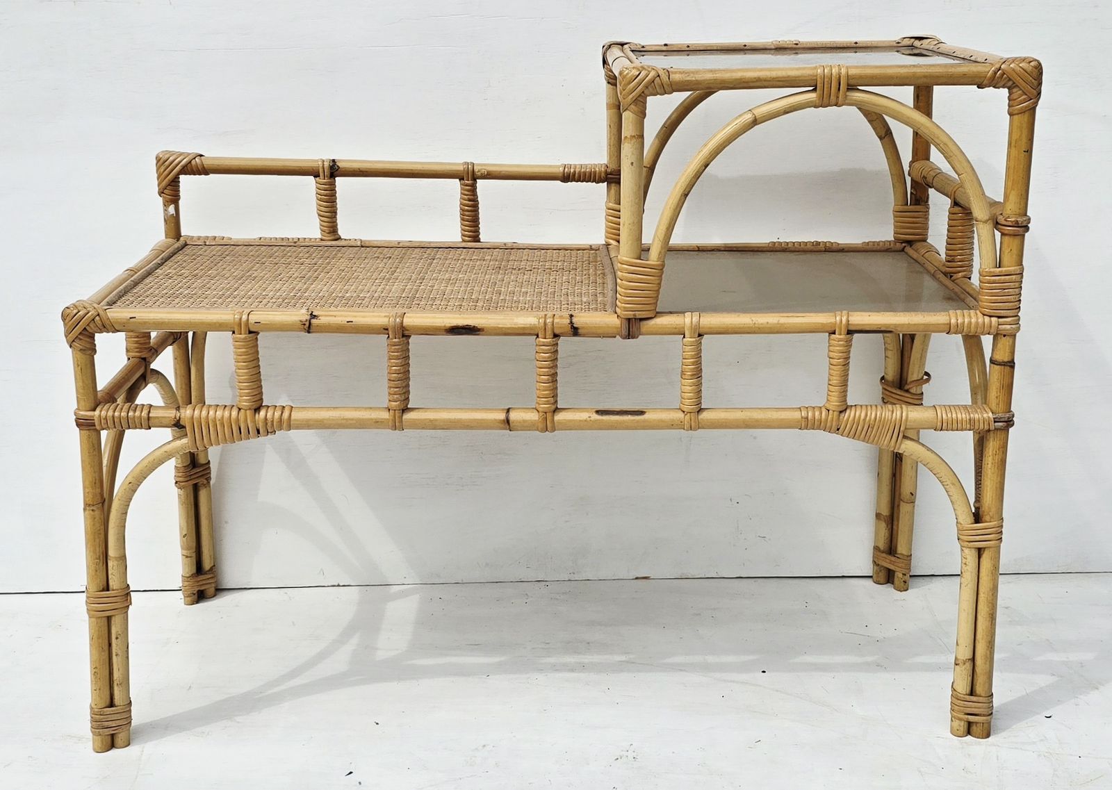 Mid Century French Bamboo & Smoked Glass Telephone Seat, Tiered Rattan Bench.
