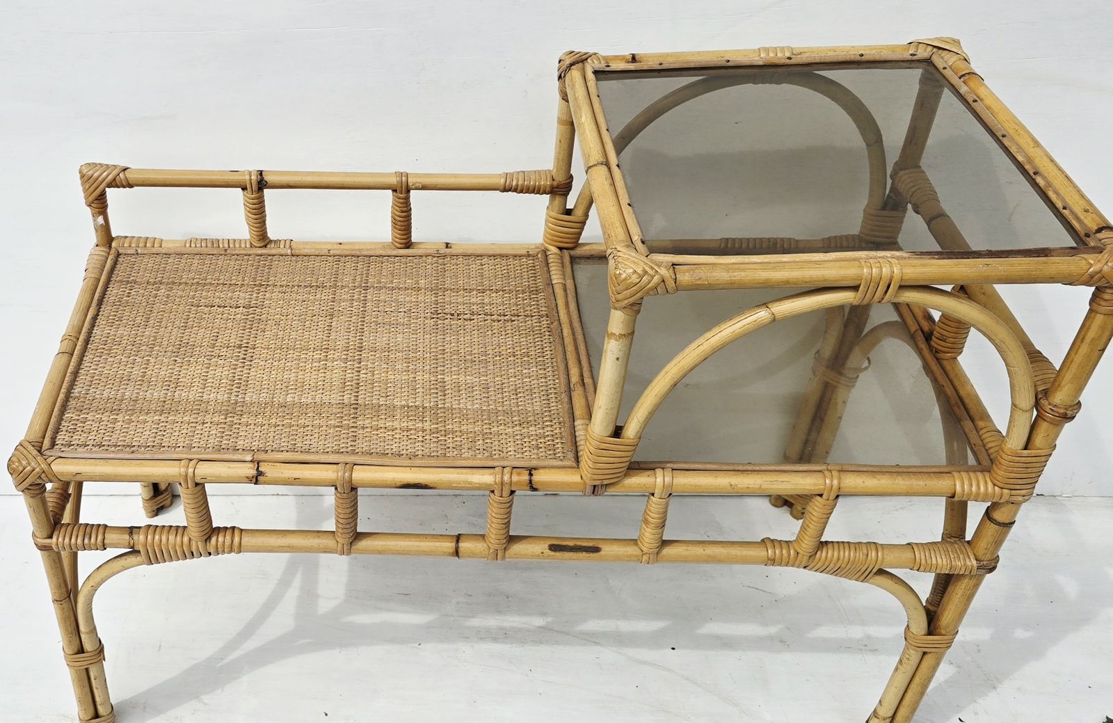 Mid Century French Bamboo & Smoked Glass Telephone Seat, Tiered Rattan Bench. photo buy