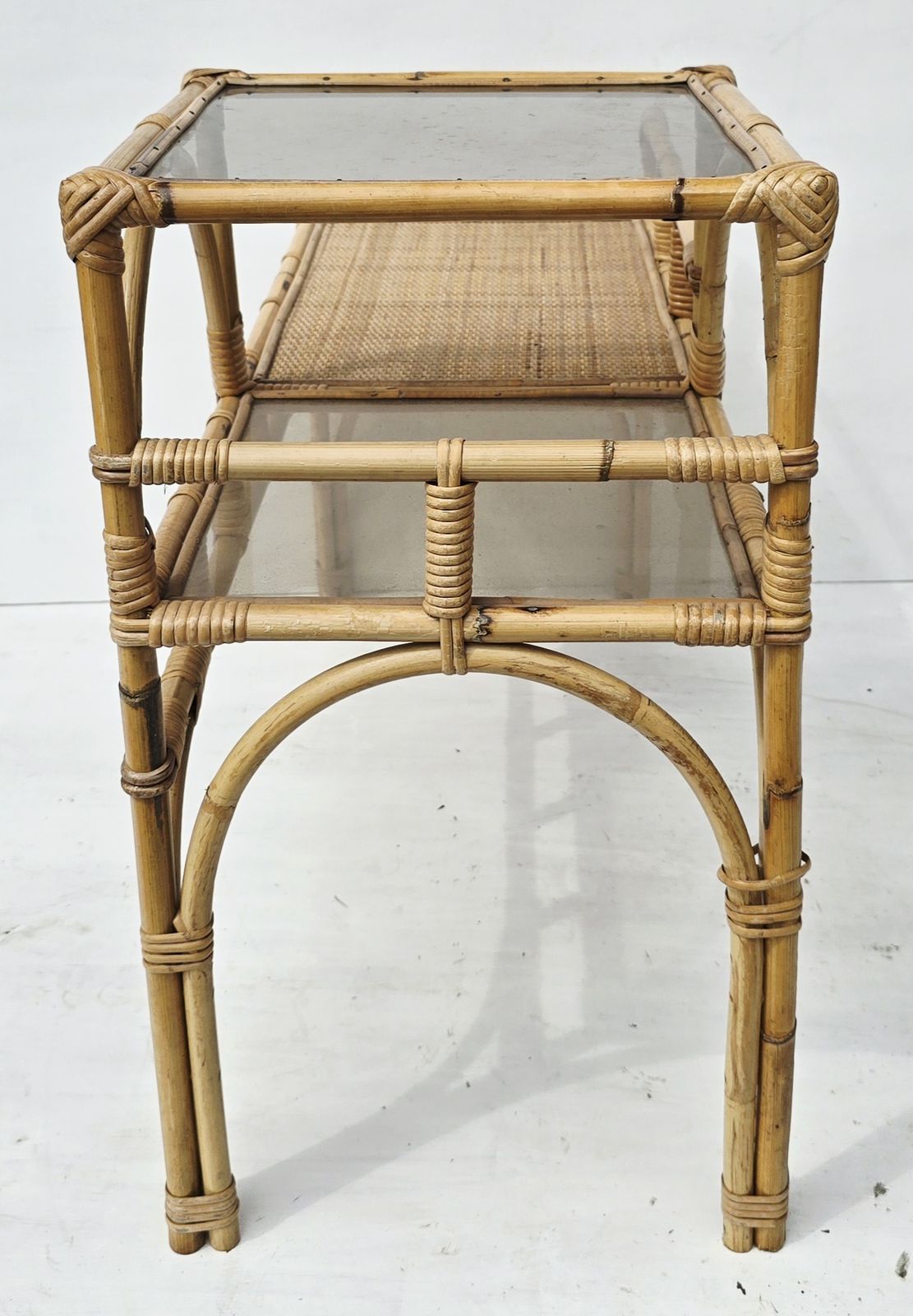 Mid Century French Bamboo & Smoked Glass Telephone Seat, Tiered Rattan Bench. photo vintage