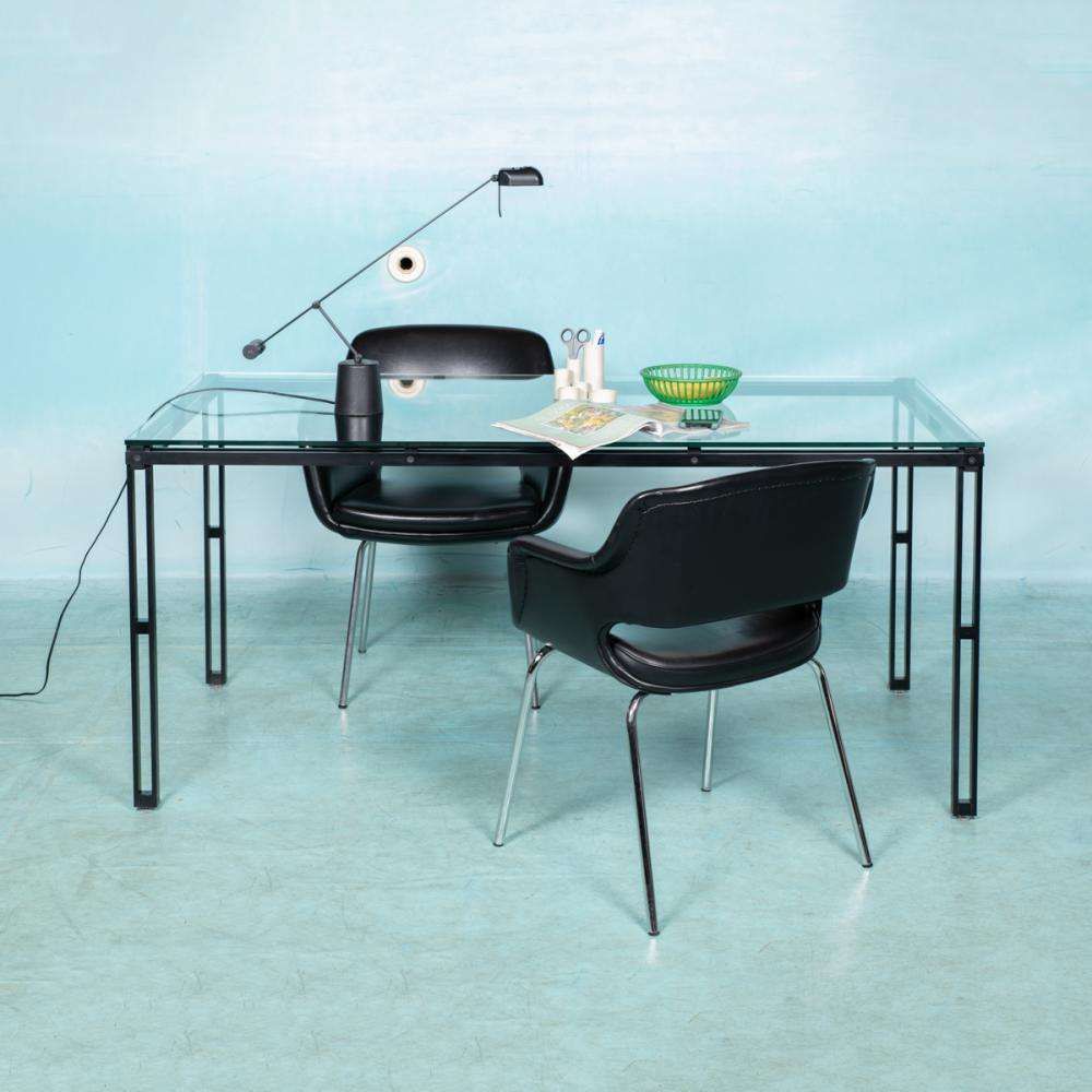 Minimalistische Glazen Eettafel Met Metalen Onderstel, Mid Century Modern Jaren 1980 photo 1042.0