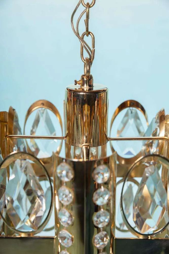 Midcentury Palwa Chandelier Pendant Lamp Crystal, Glass & Brass photo vinterior