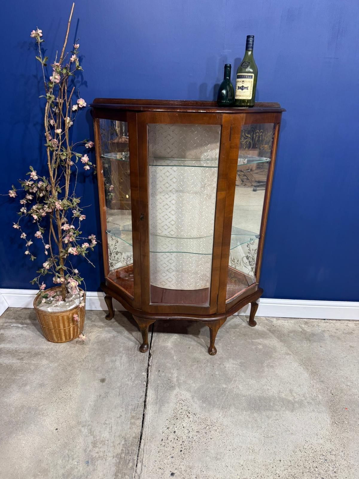 Vintage Art Deco Walnut Veneer Bow Front Display Cabinet  Mirrored Antique