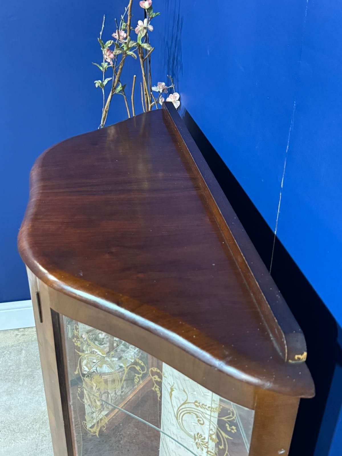 Vintage Art Deco Walnut Veneer Bow Front Display Cabinet  Mirrored Antique photo 155.0