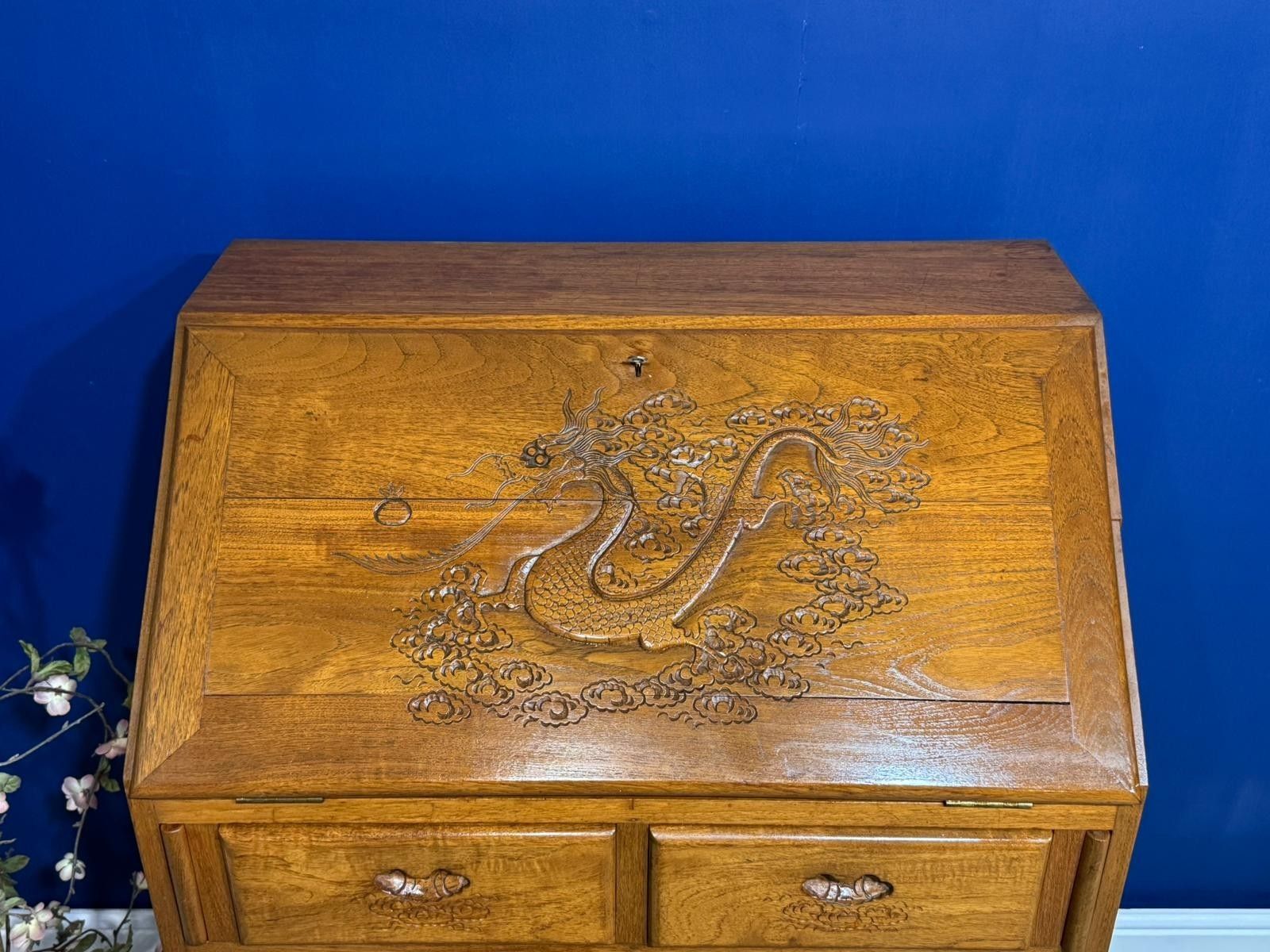 Vintage Chinese Carved Bureau Desk Sideboard Dragon Oriental Cabriolet Legs Claw photo Furniture
