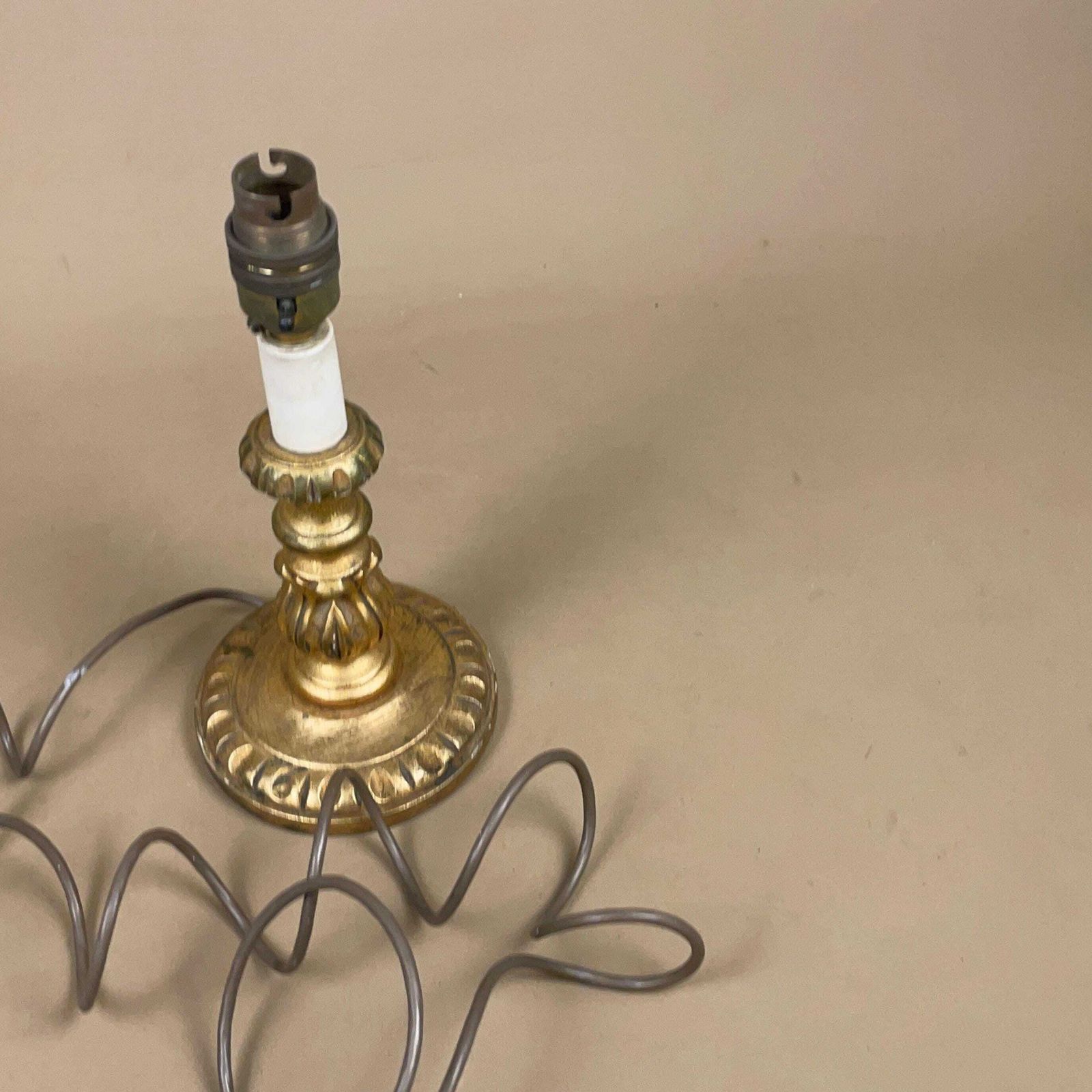 photo for sale Hand Carved Wood Gold Painted Lamp Wooden Light Bedside Table Antique Edwardian Farmhouse Cottage Country Candlestick Top