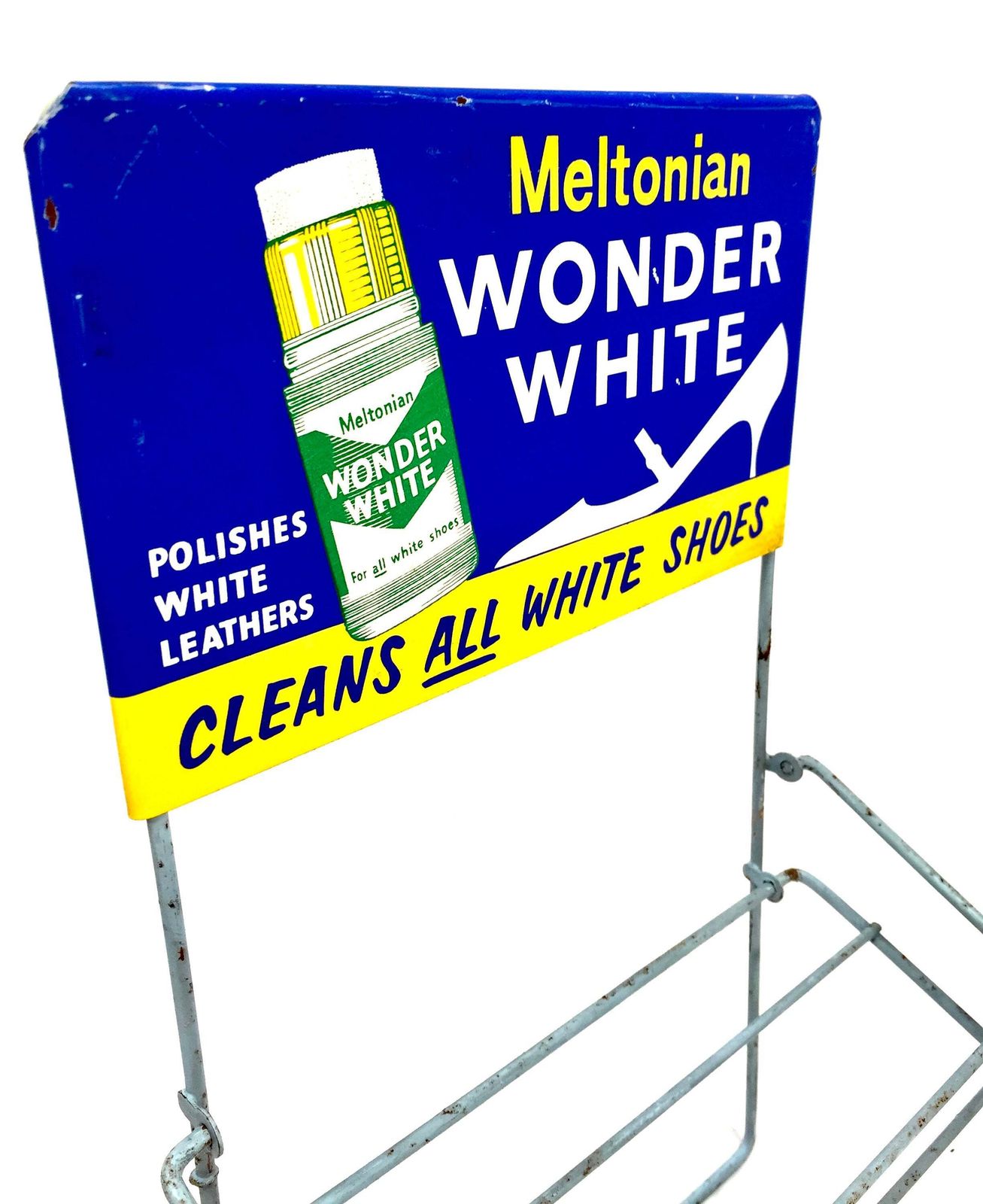 Antique Advertising Shop Counter Display Stand Meltonian Polish Metal Sign 1950s photo furniture