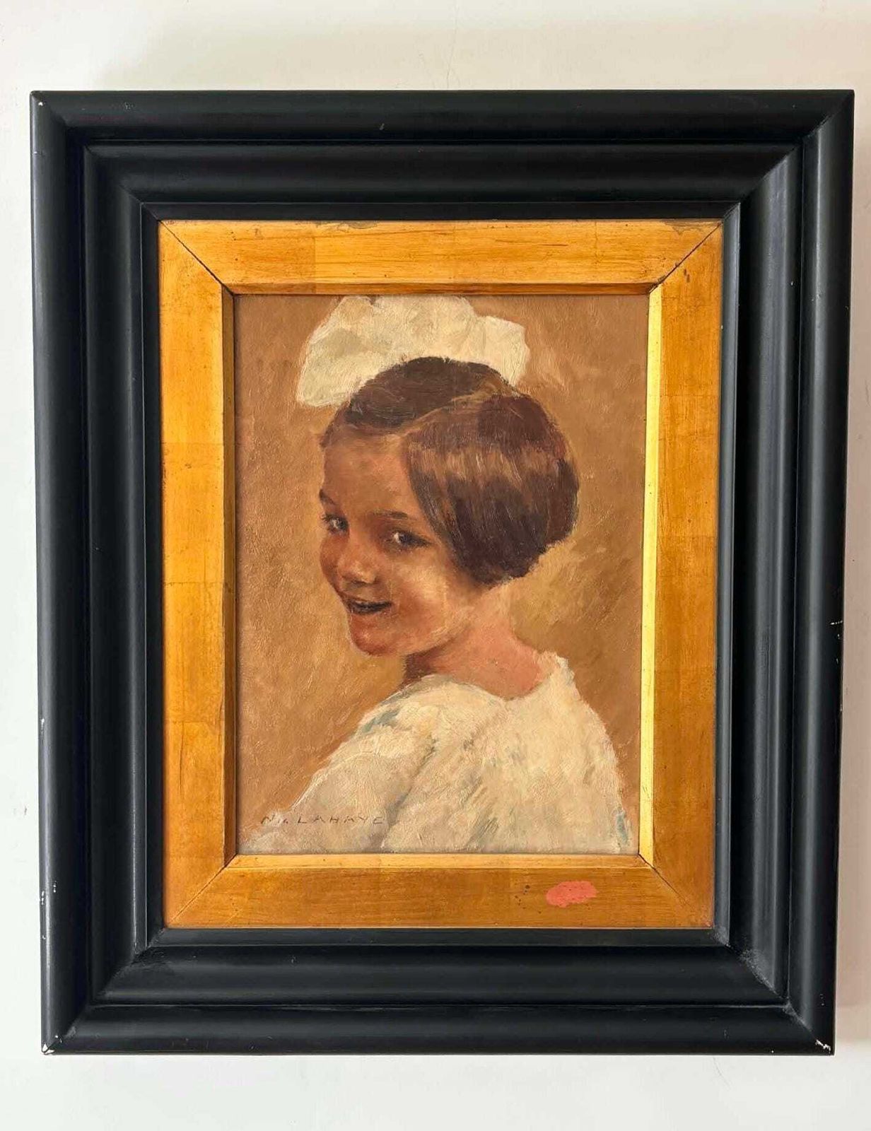 French Signed Lahaye Oil Painting, Portrait Of Young Girl, Antique French Art, Original Framed Oil On Board photo vinterior
