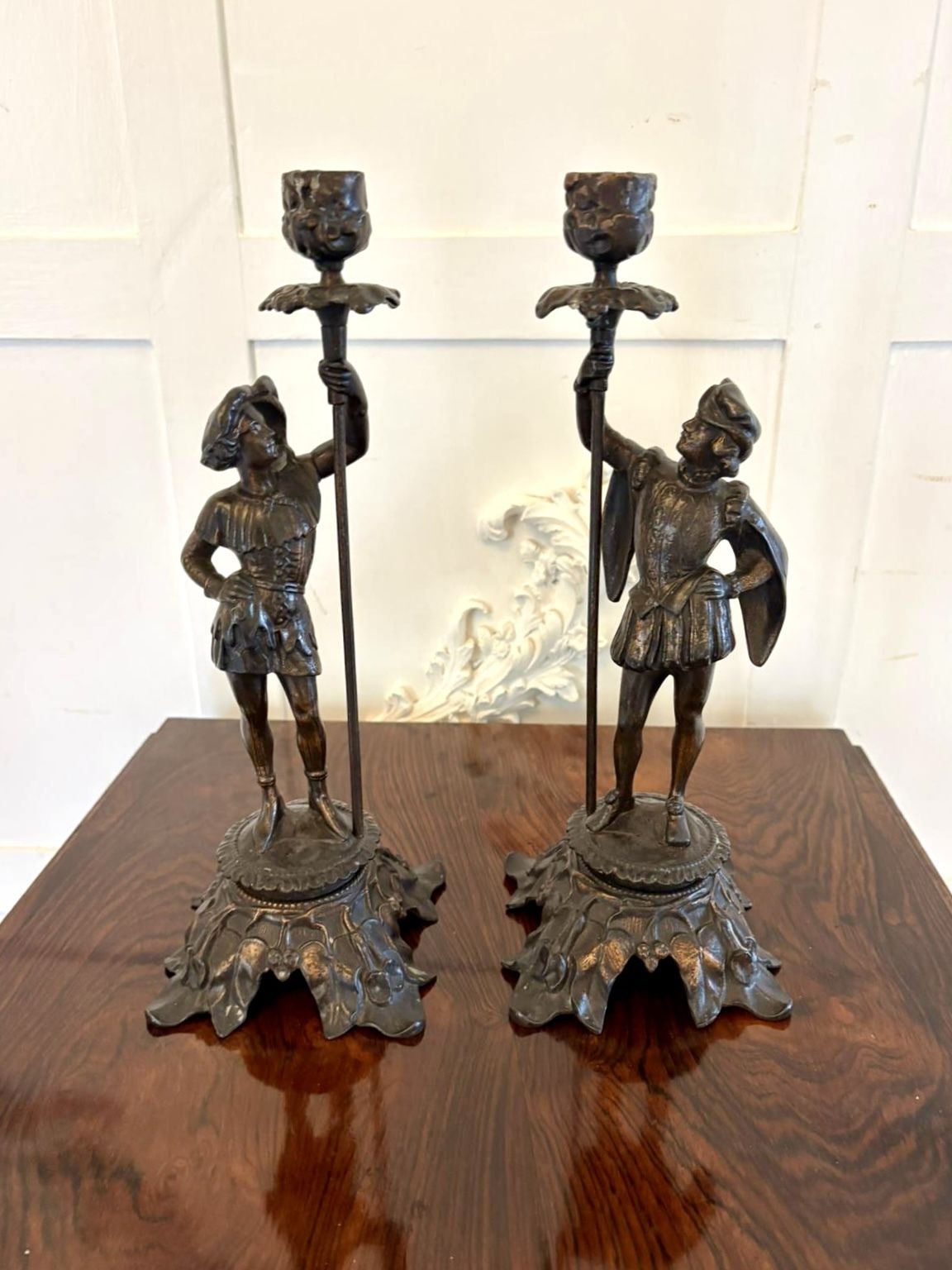 Antique Pair 19th Century French Figural Spelter Candlesticks Renaissance Soldier Sculptural Mantel Pieces photo buy