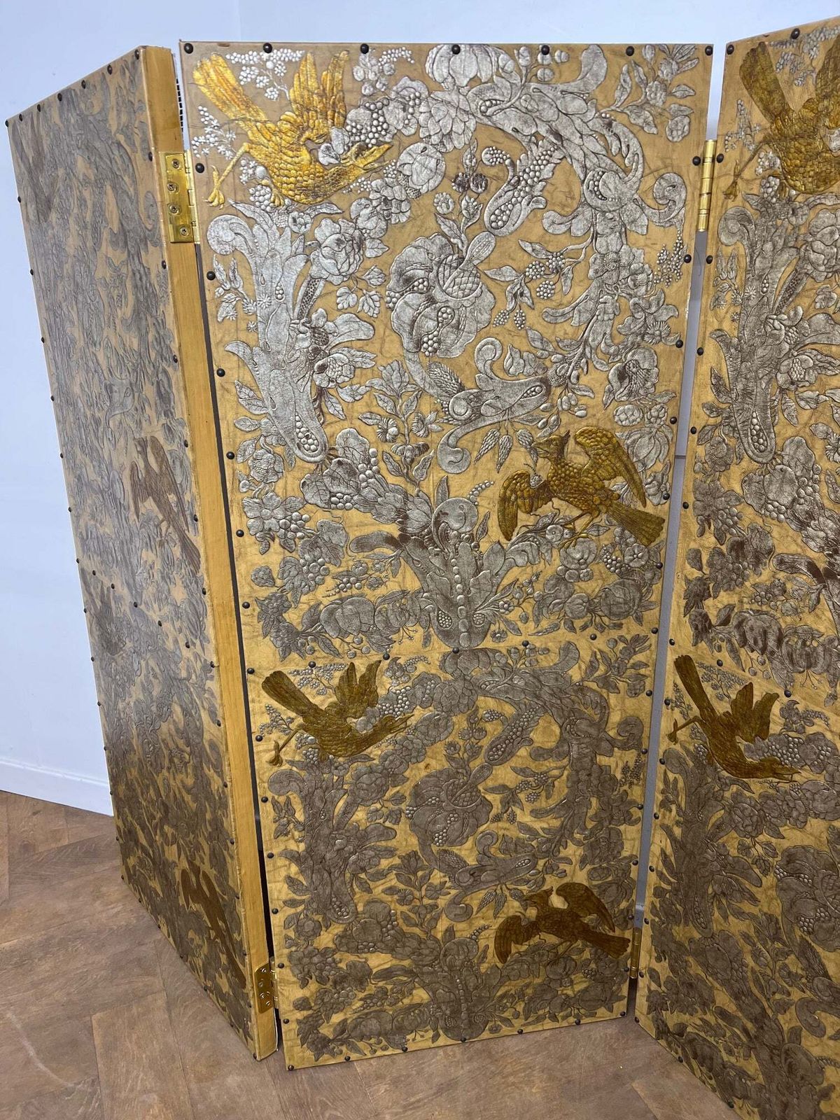 Set Of 3 Antique Panel Folding Screen/Room Divider With Intricate Gold & Silver Embossed Design In A Japanese Style photo for sale