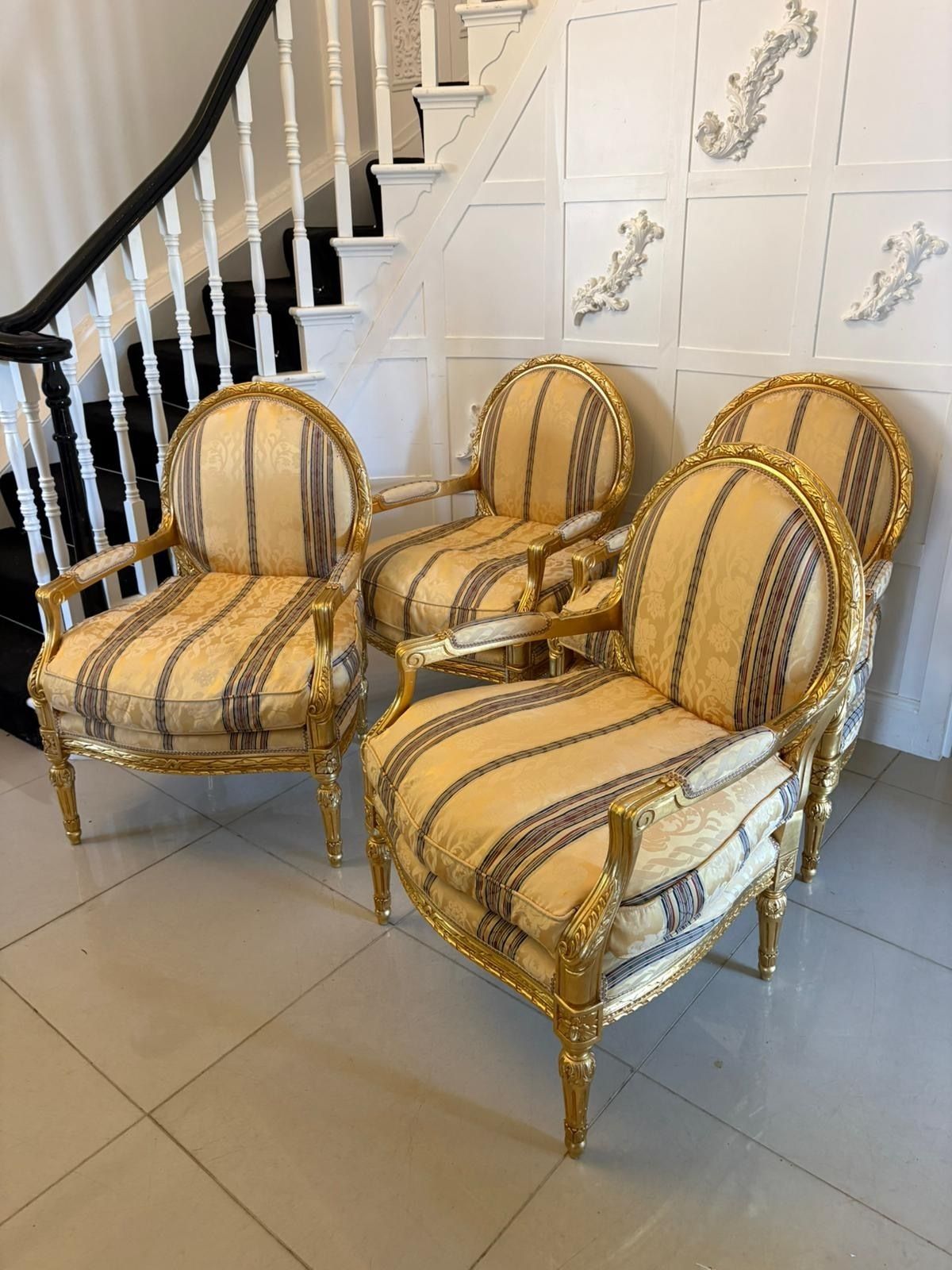 Antique French Giltwood Bergère Armchairs Set Of 4 Louis XVI Style Salon Chairs photo Furniture