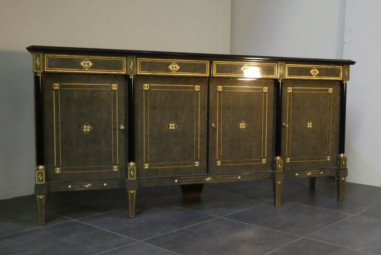 Louis XVI Style Hollywood Regency Sideboard In Burl Wood, Grey Lacquer And Brass, France, 1980s photo Furniture