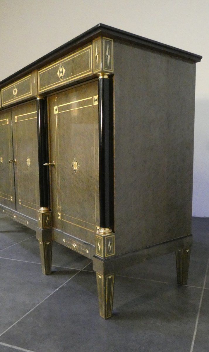Louis XVI Style Hollywood Regency Sideboard In Burl Wood, Grey Lacquer And Brass, France, 1980s photo buy
